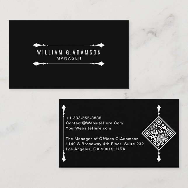 Cartão De Visita Código QR Elegante | Preto Moderno Profissional (Frente/Verso)