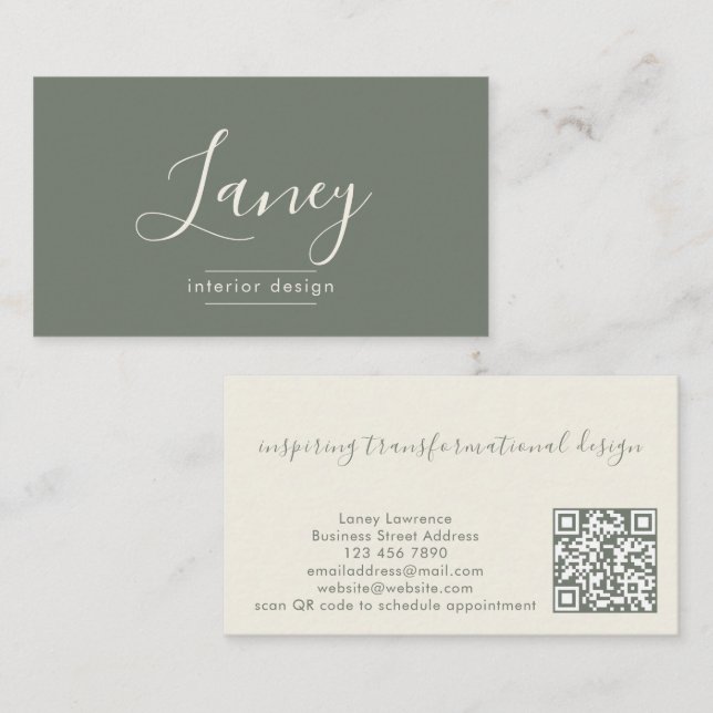 Cartão De Visita Código QR Elegante Sage Design de Interiores Profi (Frente/Verso)