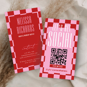 Cartão De Visita Código QR Escaneável Retro Vermelho & Rosa para Re