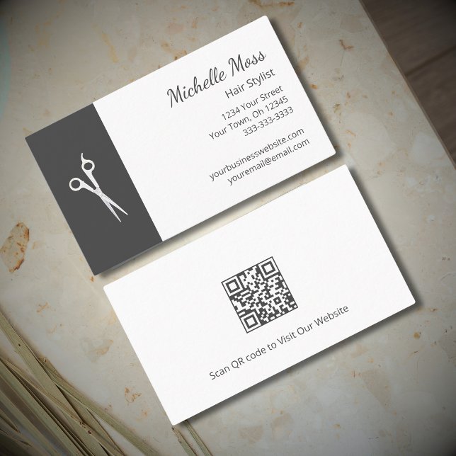 Cartão De Visita Código QR Estilos de Cabelo Cinza Simples de Tesou (Criador carregado)