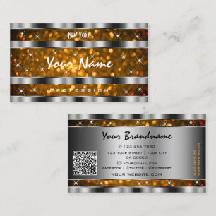 Cartão De Visita Código QR Estrelas Brilho Brilham Dourado Laranja