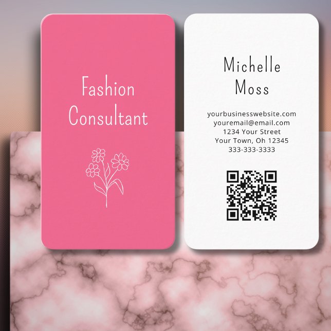 Cartão De Visita Código QR Flor Simples Rosa Girly (Criador carregado)