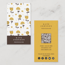 Cartão De Visita Código QR Floral Amarelo do meio século