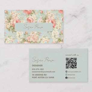 Cartão De Visita Código QR Floral Boho Chic Vintage em Verde Sálvia