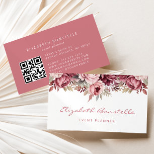 Cartão De Visita Código QR Floral Burgundy Rosa Empoeirada Aquarela