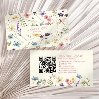 Cartão De Visita Código QR Floral de Flor Silvestre Elegante