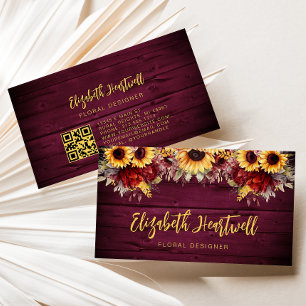 Cartão De Visita Código QR Floral de Girassol em Madeira Burgundy R