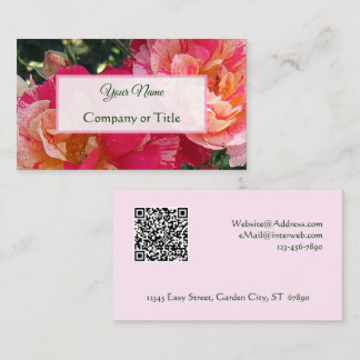 Cartão De Visita Código QR Floral de Rosas Listradas Elegante Editá