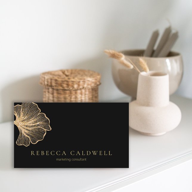 Cartão De Visita Código QR Floral Dourado Elegante (Elegant Black Gold Floral QR Code Business Card)