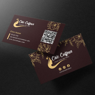Cartão De Visita Código QR Floral Dourado Marrom Chic de Esteticist