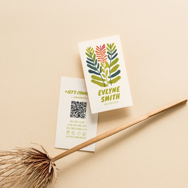 Cartão De Visita Código QR Floral Verde Desenho-Retrorado (Criador carregado)