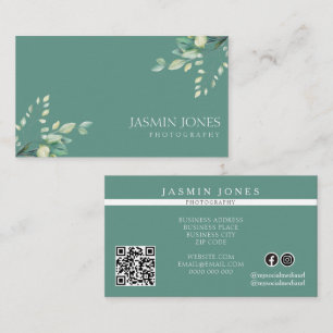 Cartão De Visita Código QR Floral Verde Sálvia Elegante
