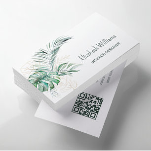 Cartão De Visita Código QR Folhas Tropicais Aquarela