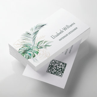 Cartão De Visita Código QR | Folhas Tropicais Aquarela