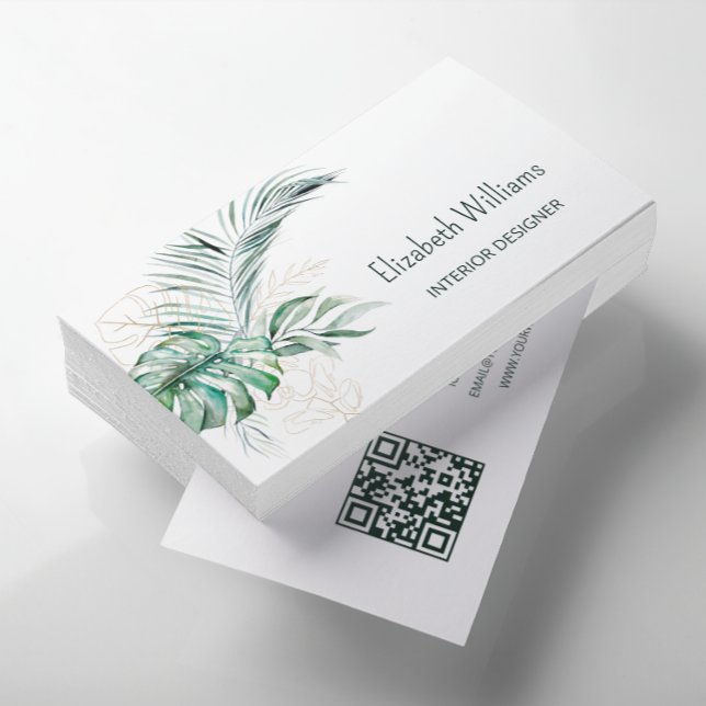 Cartão De Visita Código QR | Folhas Tropicais Aquarela (Criador carregado)