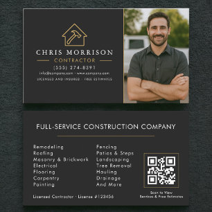 Cartão De Visita Código QR Foto Construção Edifício Preto Dourado