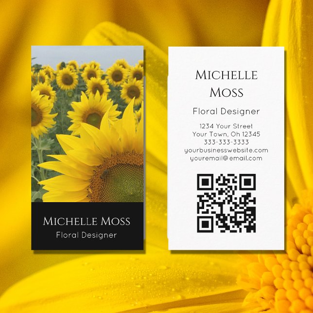 Cartão De Visita Código QR Girassóis Foto Designer Moderno Floral (Criador carregado)