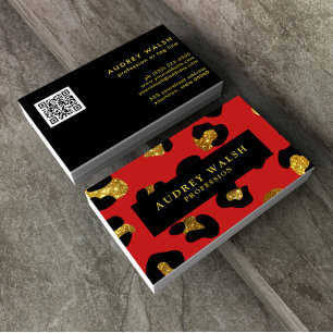 Cartão De Visita CÓDIGO QR Glam Glitter Dourado Vermelho Leopardo 