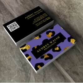 Cartão De Visita CÓDIGO QR Glam Glitter Púrpura Leopardo Luxo