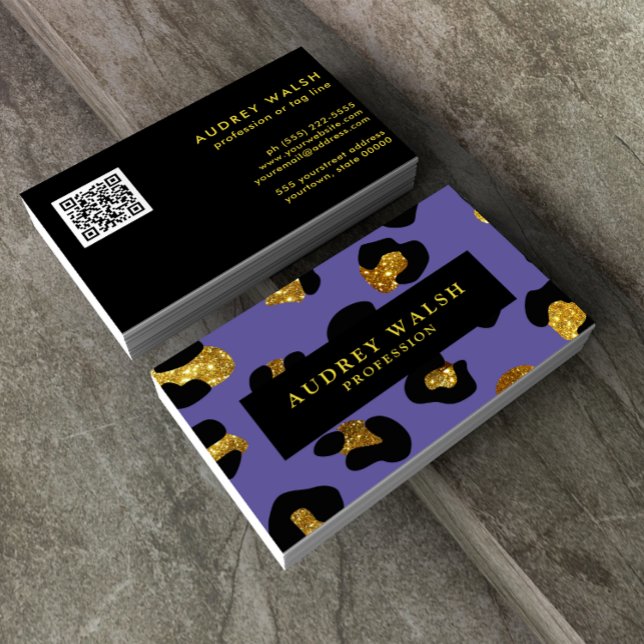 Cartão De Visita CÓDIGO QR Glam Glitter Púrpura Leopardo Luxo (Criador carregado)
