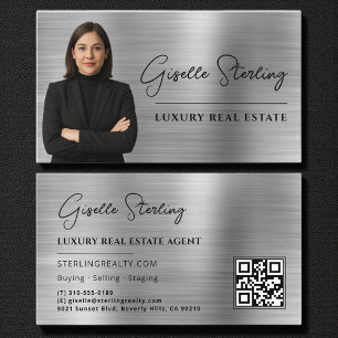 Cartão De Visita Código QR Imobiliário Foto Faux Silver Metálico