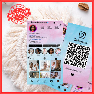 Cartão De Visita Código QR Instagram Ombre Rosa Azul em Aquarela