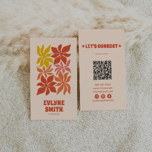 Cartão De Visita Código QR Laranja Queimada Groovy Floral Terracott
