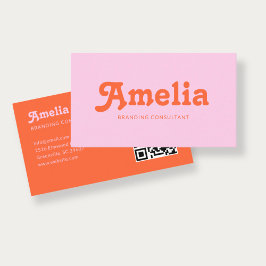 Cartão De Visita Código QR Laranja Rosa Minimalista Decorativo Retr