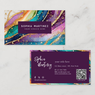 Cartão De Visita Código QR & Logo Elegante Arco-íris Ágata dourado