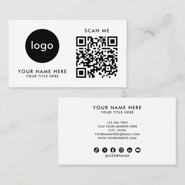 Cartão de Visita Código QR Logo Moderno Design Bra (Frente/Verso)