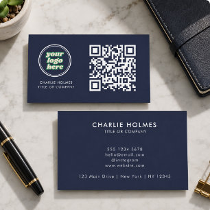 Cartão De Visita Código QR Logotipo comercial Marinho Moderno Pro