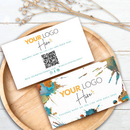 Cartão De Visita Código QR Logotipo Dourado Turquoise Watercolor Sp