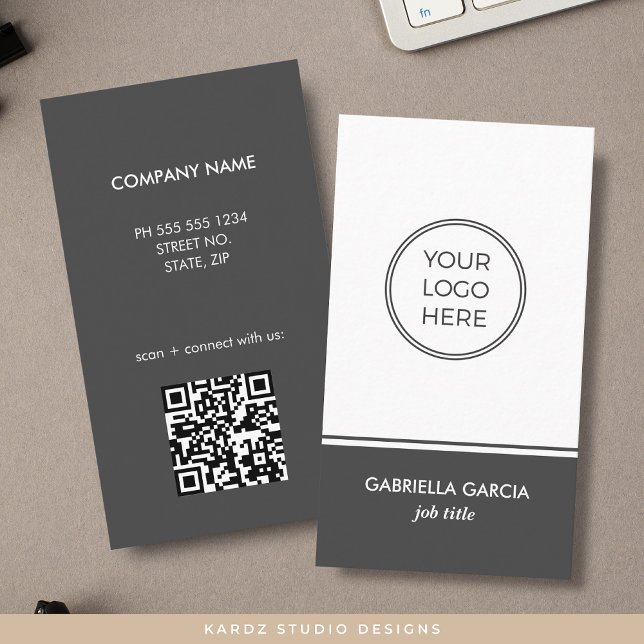 Cartão de Visita Código QR Logotipo Genérico Simpl (Front and back of gray business cards shown in 3.5 x 2 in. Personalize with logo, qr code + info.)