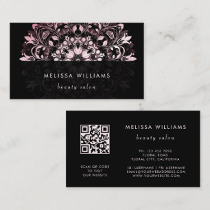 Cartão De Visita Código QR Mandala Floral Rosa Brilhante Preto