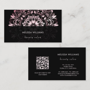 Cartão De Visita Código QR   Mandala Floral Rosa Brilhante Preto