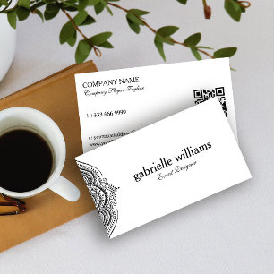 Cartão De Visita Código QR Mandala Paisley Preto e Branco