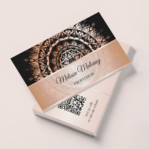 Cartão De Visita Código QR Mandala Preto Dourado Rosa