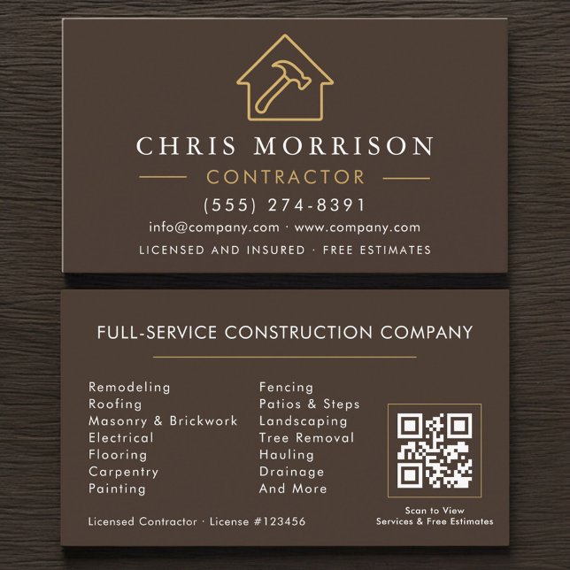 Cartão De Visita Código QR Marrom Dourado de Construção de Edifício (Criador carregado)