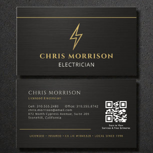 Cartão De Visita Código QR Metálico de Eletricista Preto