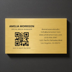 Cartão De Visita Código QR Metálico Dourado Minimalista Profissiona