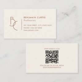 Cartão De Visita Código QR Minimalista Monograma Marrom Marfim Mode