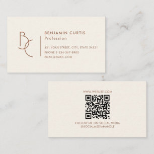 Cartão De Visita Código QR Minimalista Monograma Marrom Marfim Mode
