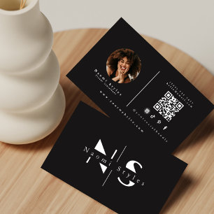 Cartão De Visita Código QR Minimalista Preto/Branco Profissional Fo