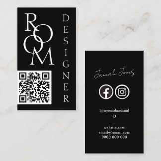 Cartão De Visita Código QR Minimalista Preto e Branco em Destaque
