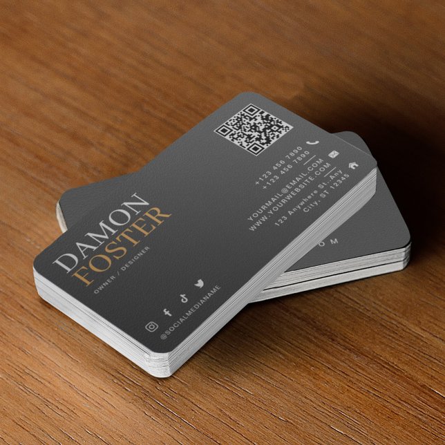 Cartão De Visita Código QR Mínimo de Couro Neutro da Cinza Moderna (Criador carregado)