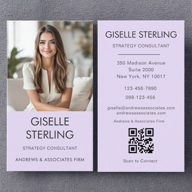Cartão De Visita Código QR Mínimo de Foto Lilac Roxo Moderno (Criador carregado)