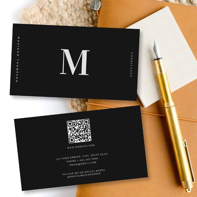 Cartão De Visita Código QR Mínimo de Monograma Elegante Profissiona (Professional Elegant Monogram Minimalist QR Code Business Card)