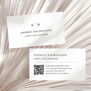 Cartão De Visita Código QR Mínimo e Chic Black e White Monogramas