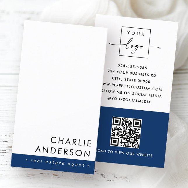 Cartão De Visita Código QR mínimo moderno azul escuro branco (Modern minimal QR code dark blue white vertical Business Card)