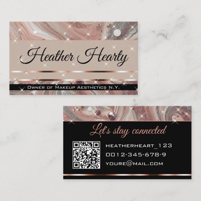Cartão De Visita Código QR Modelo Luxury Marble Glitter Rosa Dourad (Frente/Verso)